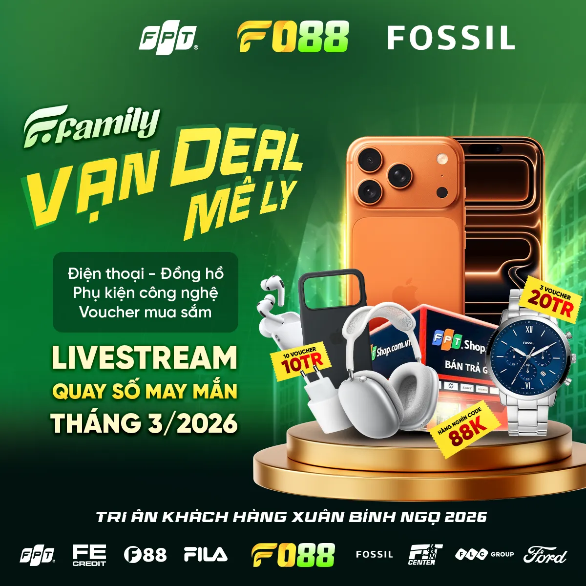 Hình ảnh giải thưởng iPhone 17 Pro Max 1TB trị giá 60 triệu đồng và loạt các voucher quà tặng khác từ FPT Shop & Fossil trong chương trình F Family - Vạn Deal Mê Ly được đăng tải trên trang Facebook chính thức của FO88