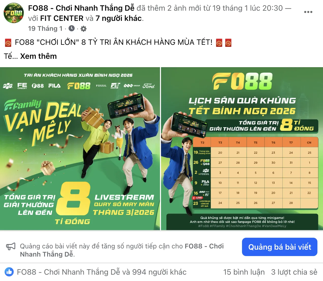 Hình ảnh thông báo hợp tác giữa FO88 và các thương hiệu F được đăng tải trên fanpage chính thức.